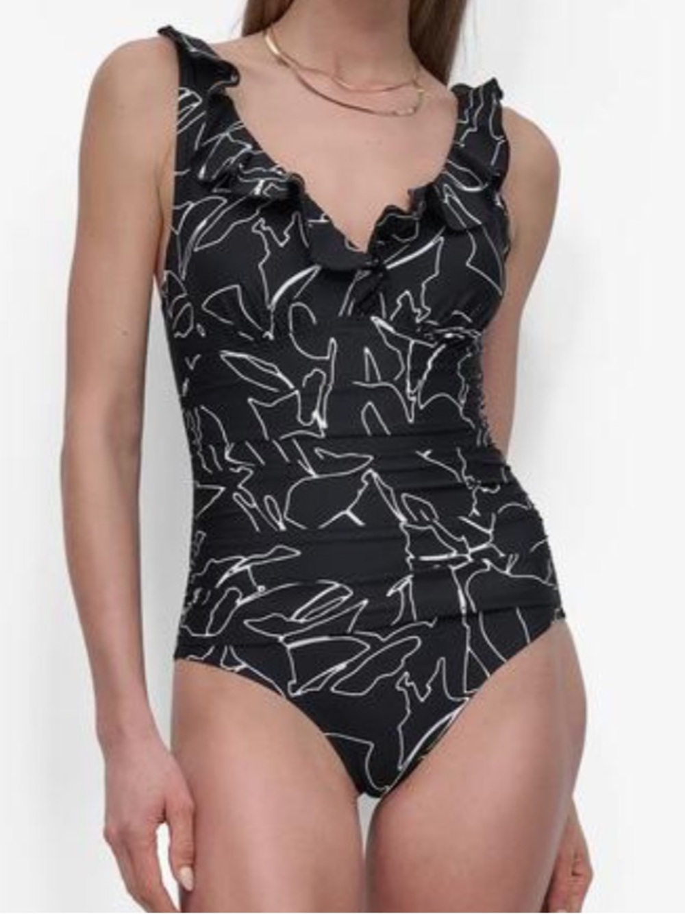 DKNY Ruffle Plunge Neck One Piece Swimsuit - Picture 16 of 16
